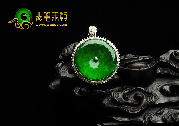 冰种正阳绿缅甸翡翠A货镶白金平安扣胸坠（真钻）
