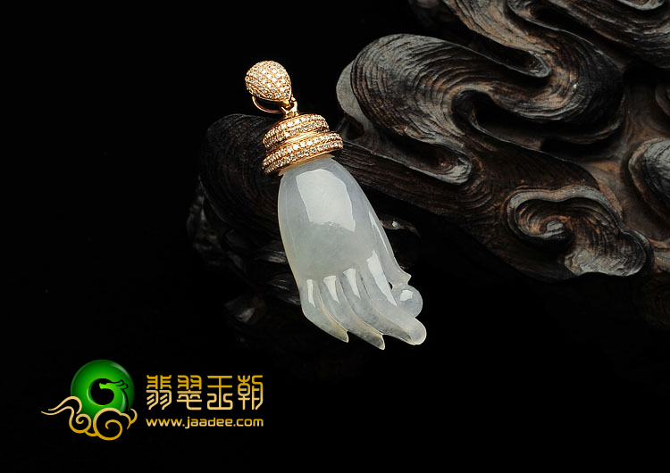 冰种淡晴水缅甸翡翠A货镶玫瑰金扣佛手胸坠（真钻）