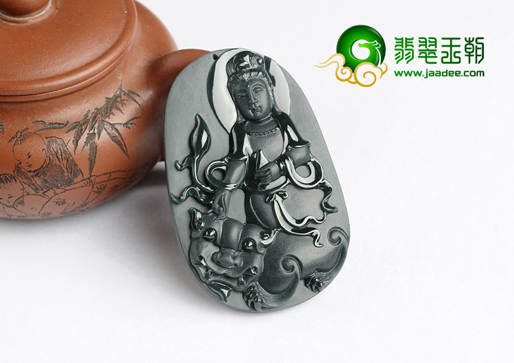 冰种墨翠缅甸翡翠A货文殊菩萨挂件