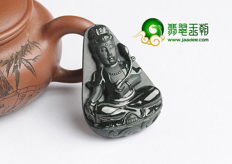 糯冰种墨翠缅甸翡翠A货观音挂件
