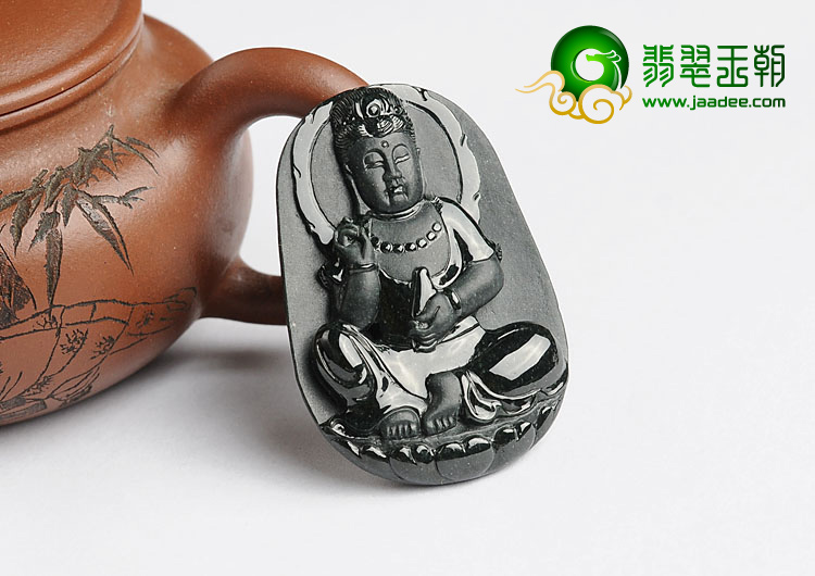 细糯种墨翠缅甸翡翠A货观音挂件