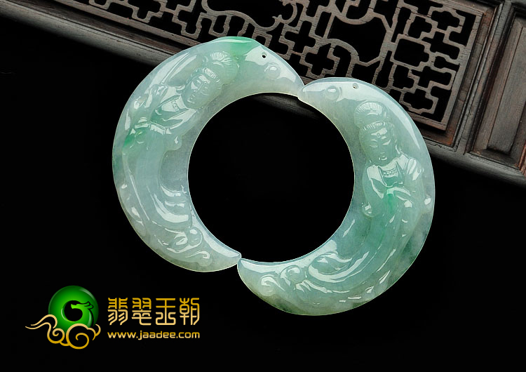 糯冰种飘翠缅甸翡翠A货观音挂件（一对）