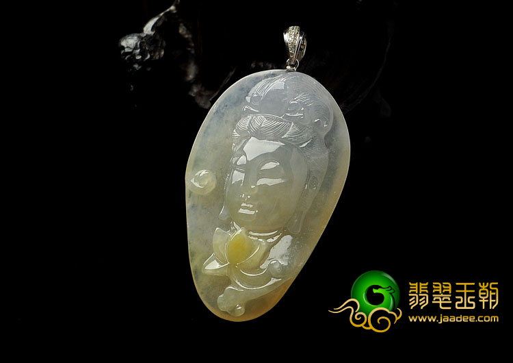 糯冰种飘黄翡缅甸翡翠A货观音头挂件