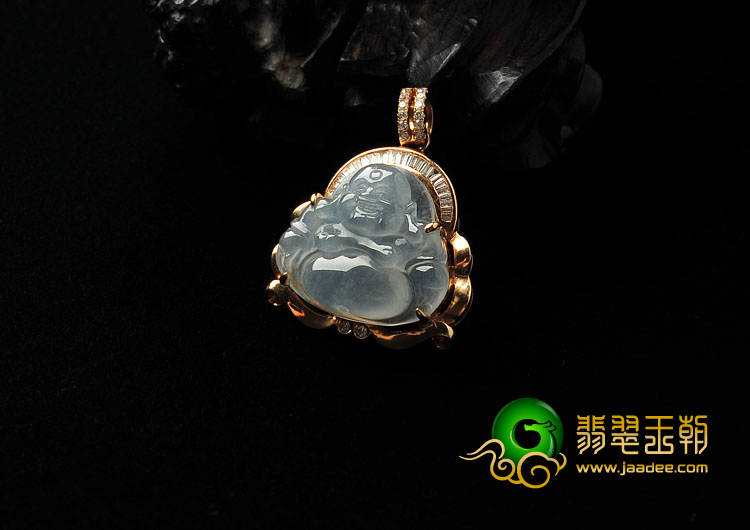 冰种晴水缅甸翡翠A货镶玫瑰金玉佛胸坠（真钻）