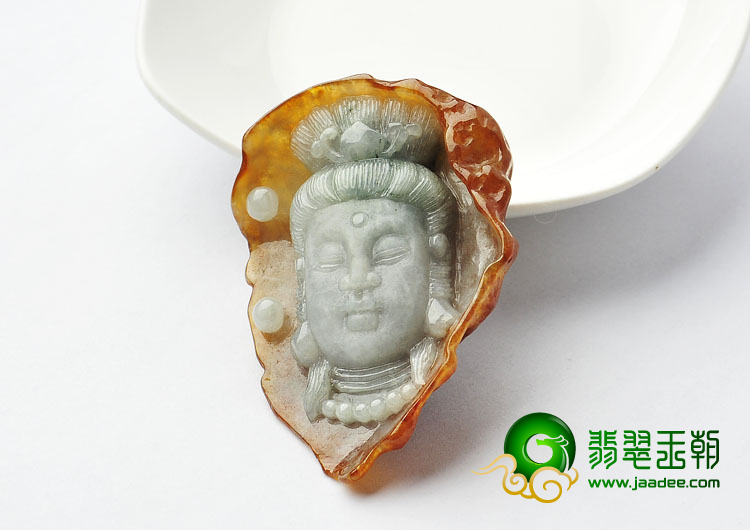 糯冰种褐黄翡缅甸翡翠A货观音头挂件