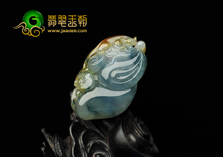 冰种褐黄翡飘花缅甸翡翠A货福寿如意挂件
