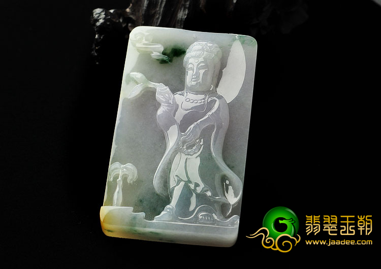 冰种三彩缅甸翡翠A货站观音挂件