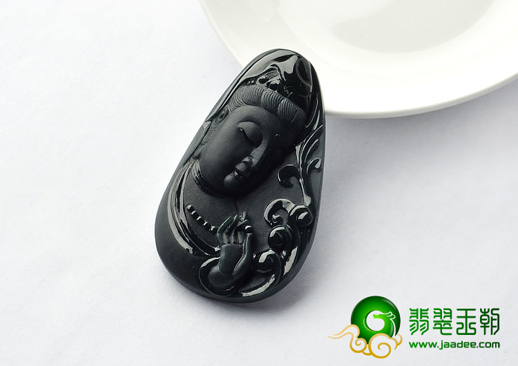 糯冰种墨翠缅甸翡翠A货观音头挂件