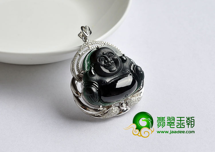 冰种墨翠缅甸翡翠A货镶白金玉佛胸坠（真钻）