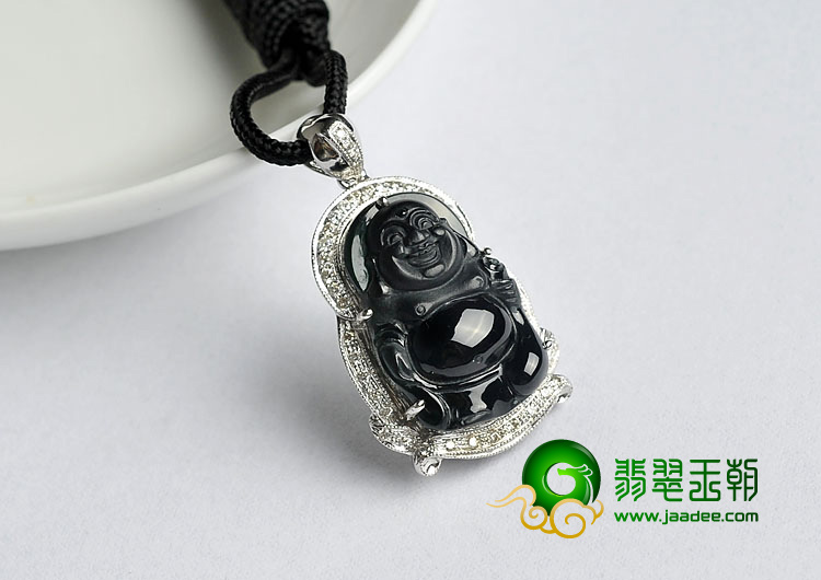 玻璃种墨翠缅甸翡翠A货镶白金站佛胸坠（真钻）