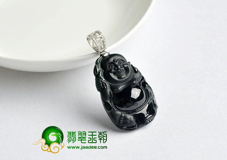 玻璃种墨翠缅甸翡翠A货站佛挂件