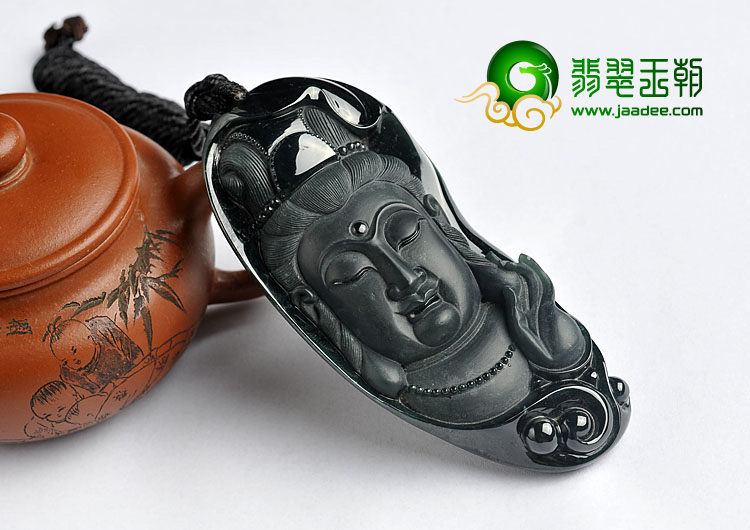 （超值推荐）冰种墨翠缅甸翡翠A货观音头挂件
