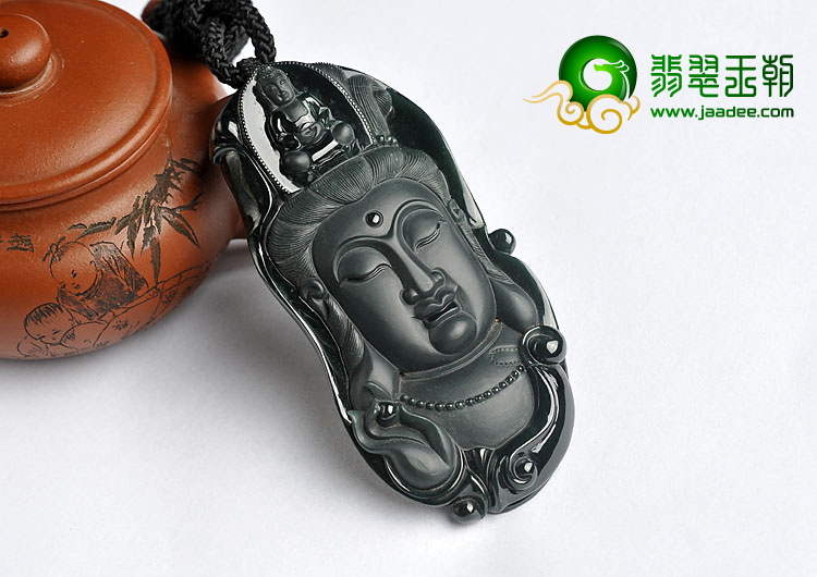 （超值推荐）冰种墨翠缅甸翡翠A货观音头挂件