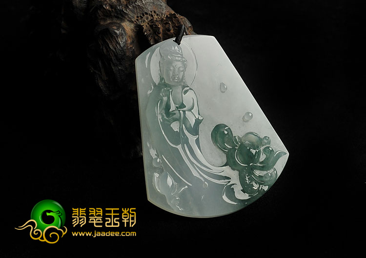 冰种飘花缅甸翡翠A货莲花观音挂件