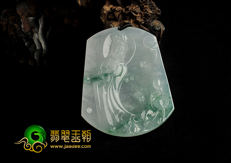 冰种飘花缅甸翡翠A货莲花观音挂件