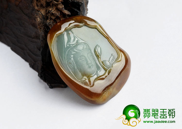 糯冰种褐黄翡晴水缅甸翡翠A货观音头挂件