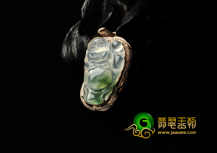 冰种飘花缅甸翡翠A货镶玫瑰金逍遥佛胸坠（真钻）
