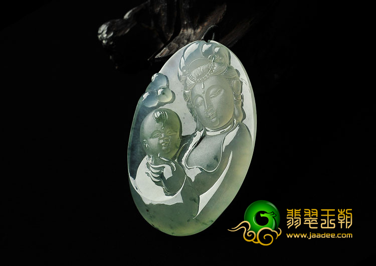 冰玻种飘花缅甸翡翠A货观音送子挂件
