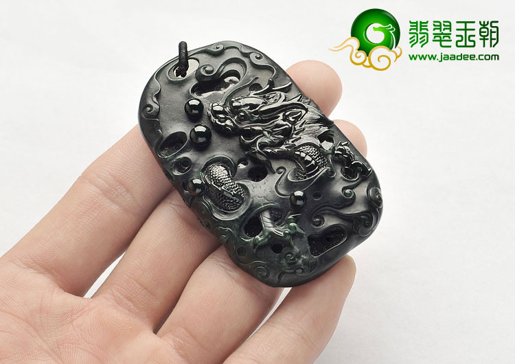 冰种墨翠缅甸翡翠A货龙牌挂件