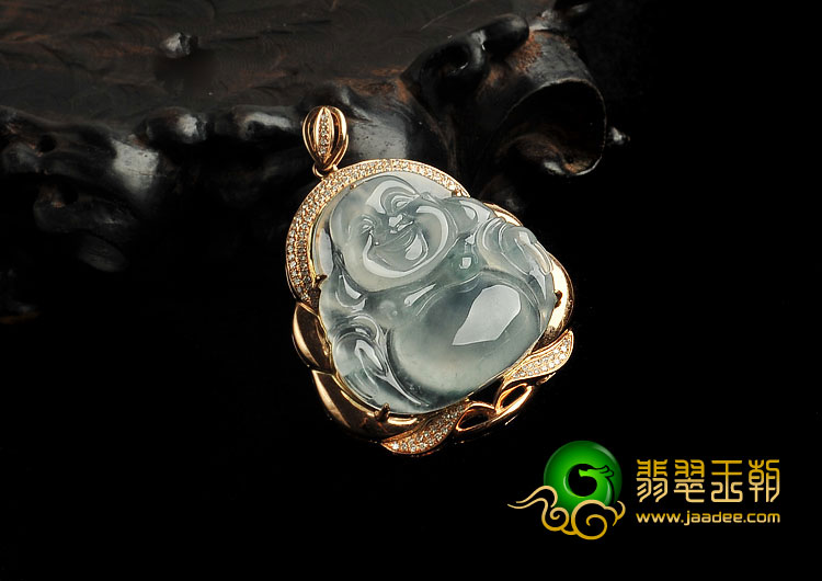 冰玻种略飘花缅甸翡翠A货镶玫瑰金佛胸坠（真钻）