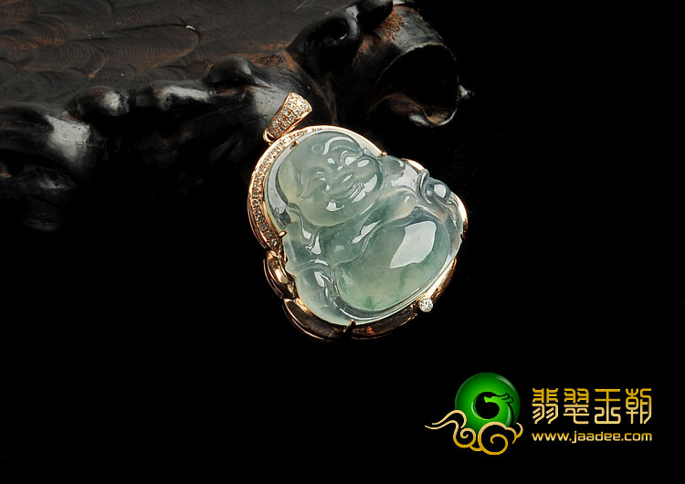 冰种飘花缅甸翡翠A货镶玫瑰金佛胸坠（真钻）
