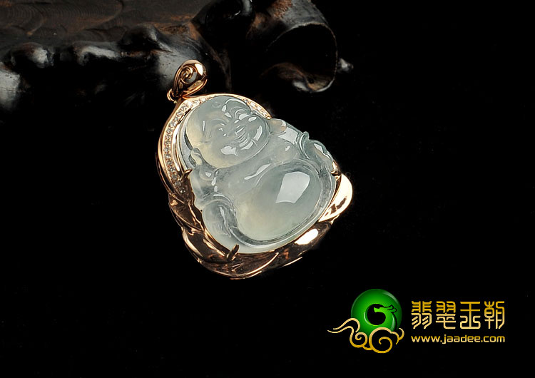 冰种晴水缅甸翡翠A货镶玫瑰金佛胸坠（真钻）
