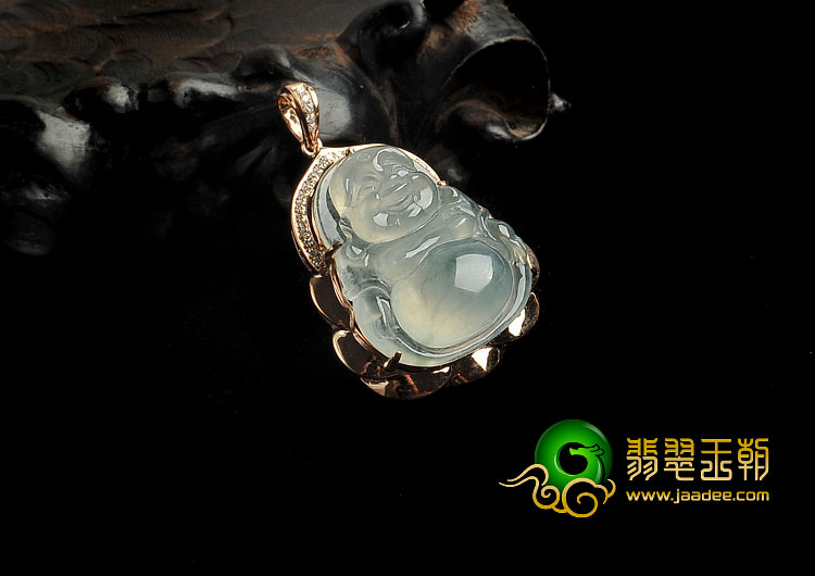 冰种略飘花缅甸翡翠A货镶玫瑰金佛胸坠（真钻）