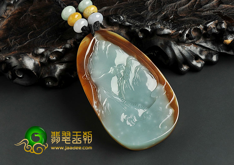 糯冰种褐黄翡晴水缅甸翡翠A货山水牌挂件