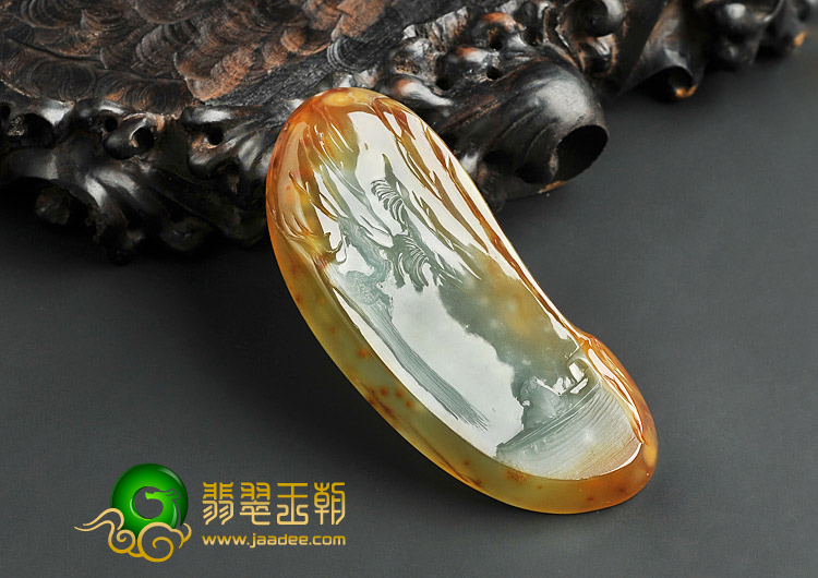 冰种褐黄翡飘花缅甸翡翠A货独钓寒江挂件