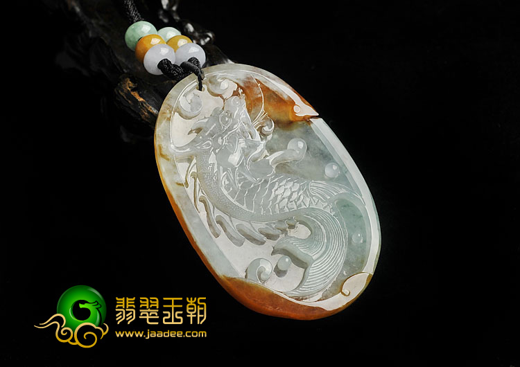 冰种褐黄翡飘花缅甸翡翠A货龙头鱼挂件