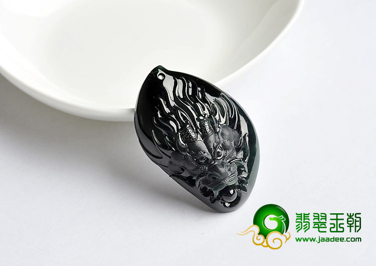 冰玻种墨翠缅甸翡翠A货龙头挂件