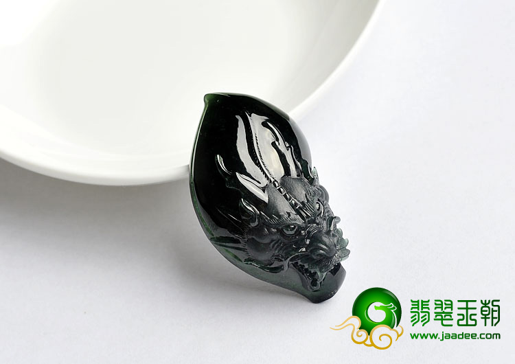 冰种墨翠缅甸翡翠A货龙头挂件