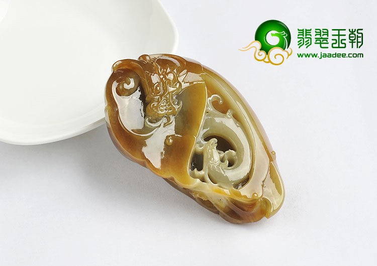 糯冰种褐黄翡缅甸翡翠A货龙凤呈祥挂件