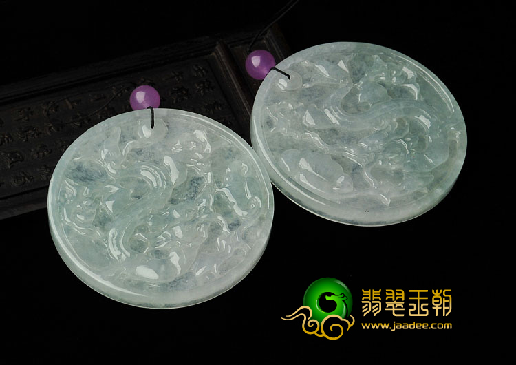 冰种晴水缅甸翡翠A货龙凤牌挂件（一对）