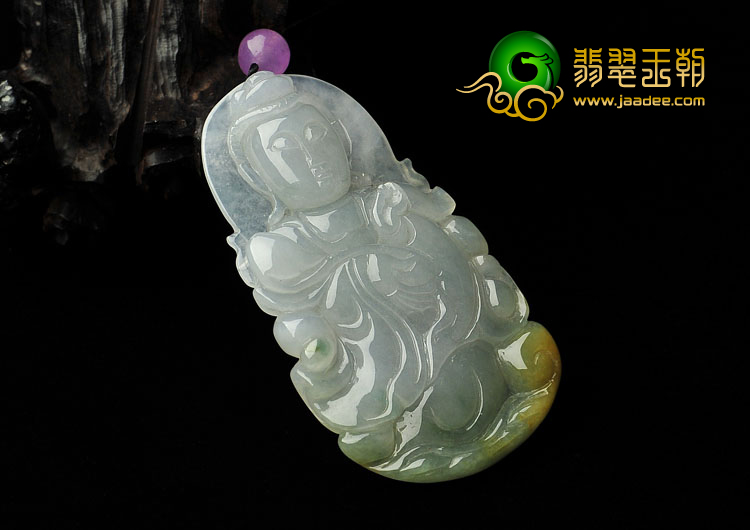 冰种黄翡飘花缅甸翡翠A货观音挂件