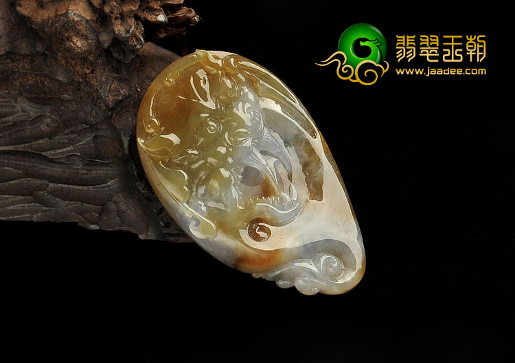 糯冰种褐黄翡飘花缅甸翡翠A货怪兽挂件