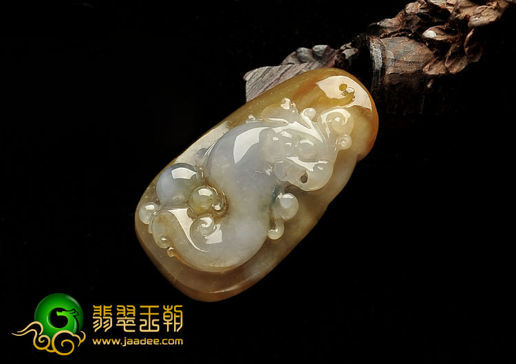 糯冰种褐黄翡飘花缅甸翡翠A货鹦鹉挂件
