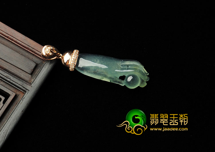 冰种飘花缅甸翡翠A货镶玫瑰金佛手胸坠（真钻）