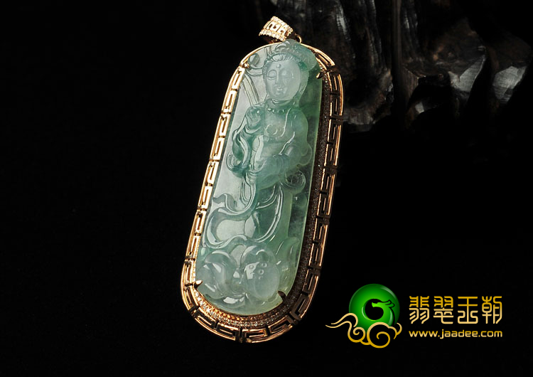 （超值推荐）冰种飘花缅甸翡翠A货镶玫瑰金站观音胸坠（真钻）