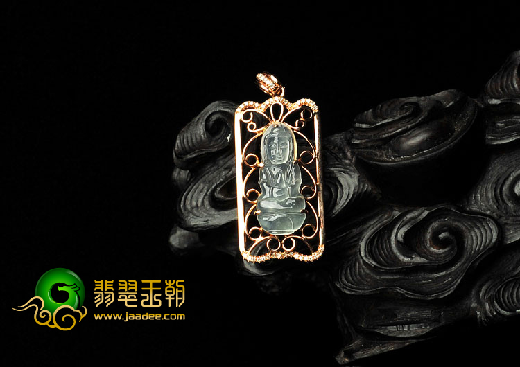 冰玻种无色缅甸翡翠A货镶玫瑰金观音胸坠（真钻）