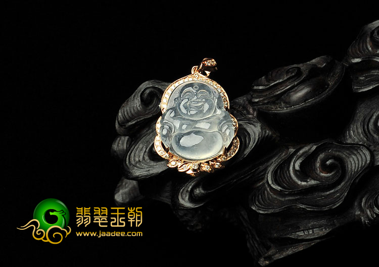 (超值推荐)冰种无色缅甸翡翠A货镶玫瑰金玉佛胸坠（真钻）