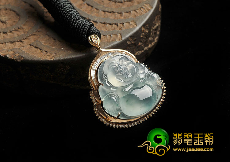 冰种飘花缅甸翡翠A货镶玫瑰金玉佛胸坠（真钻）
