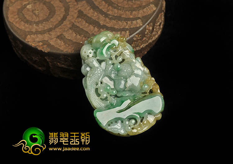 糯冰种黄加绿缅甸翡翠A货鸟语花香挂件