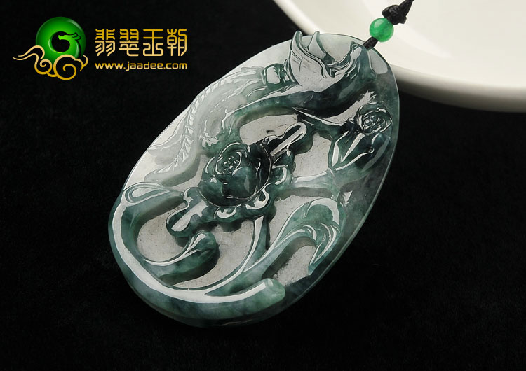 冰种飘花缅甸翡翠A货凤戏牡丹挂件