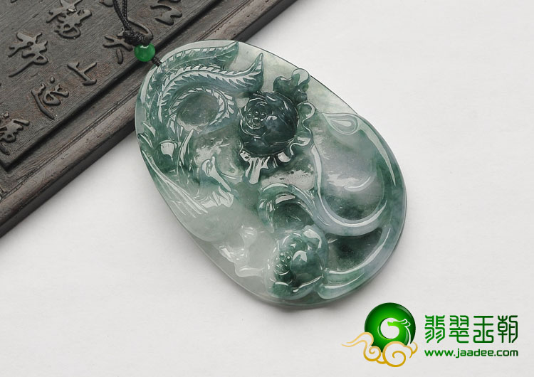 冰种飘花缅甸翡翠A货凤戏牡丹挂件