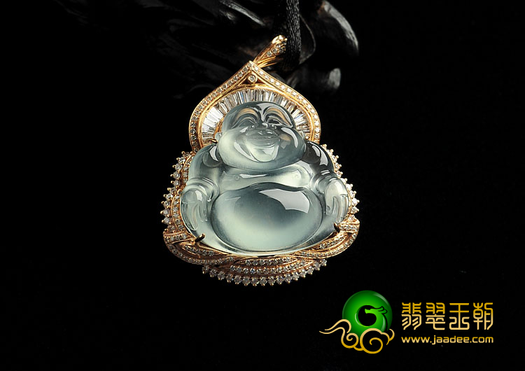 冰玻种淡晴水缅甸翡翠A货镶玫瑰金玉佛胸坠（真钻）