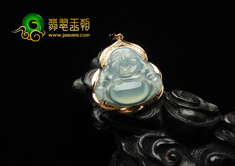 冰种晴水缅甸翡翠A货镶玫瑰金玉佛胸坠