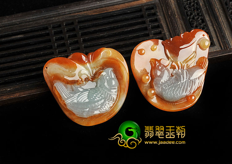 （超值推荐）糯冰种红黄翡缅甸翡翠A货百年好合挂件（一对）