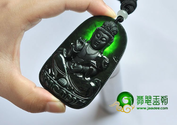 冰玻种墨翠缅甸翡翠A货观音挂件