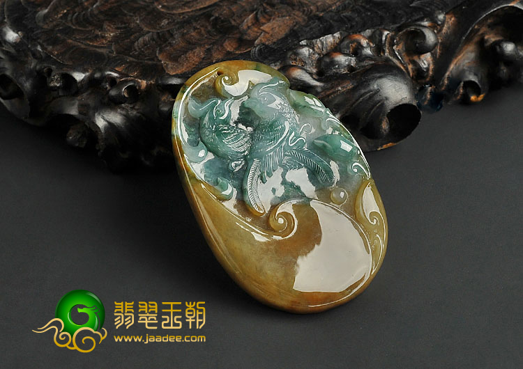 糯冰种褐黄翡飘花缅甸翡翠A货双喜临门挂件